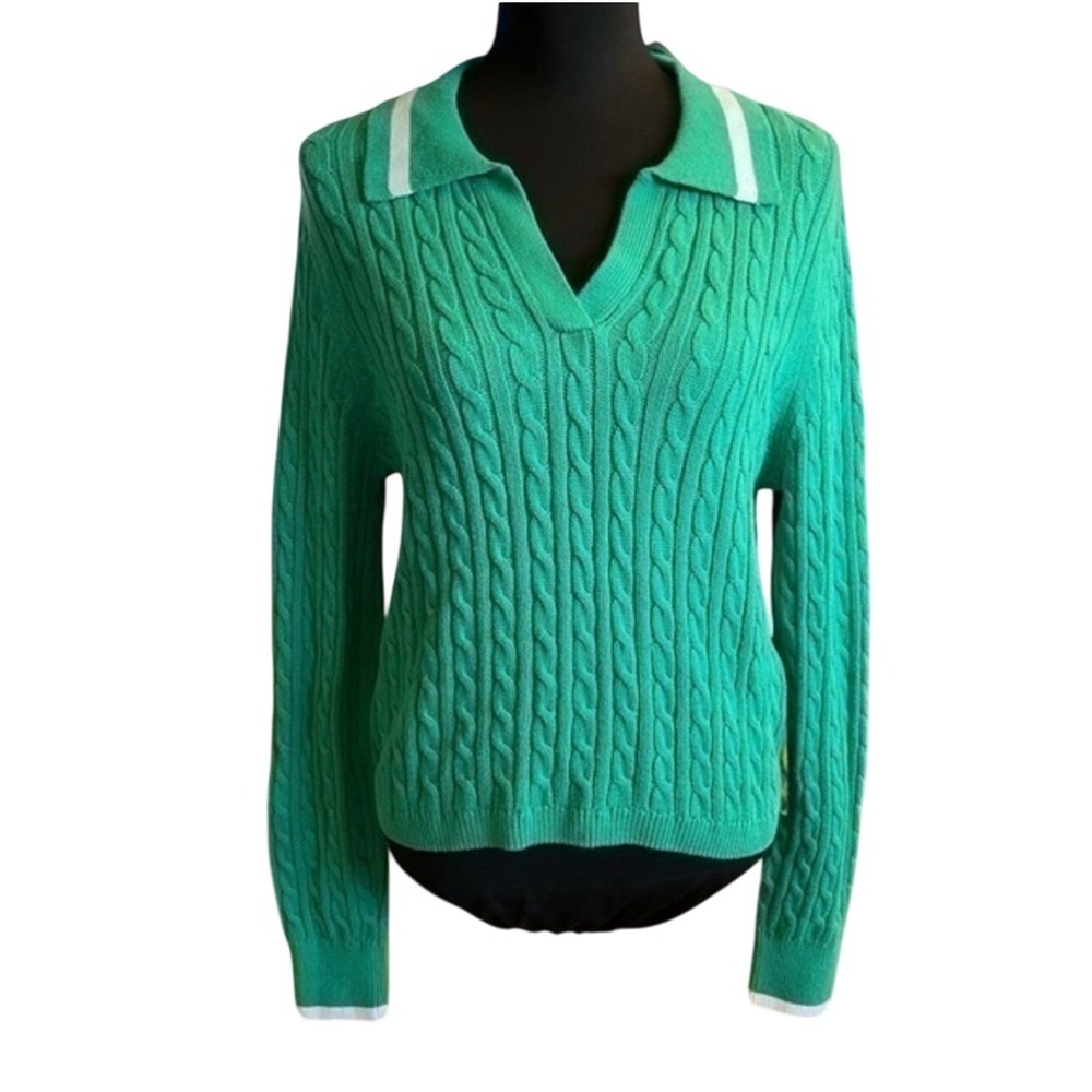 Green Cable Knit Cardigan Sweater Women's Long Sleeve, L, Casual Top NWT